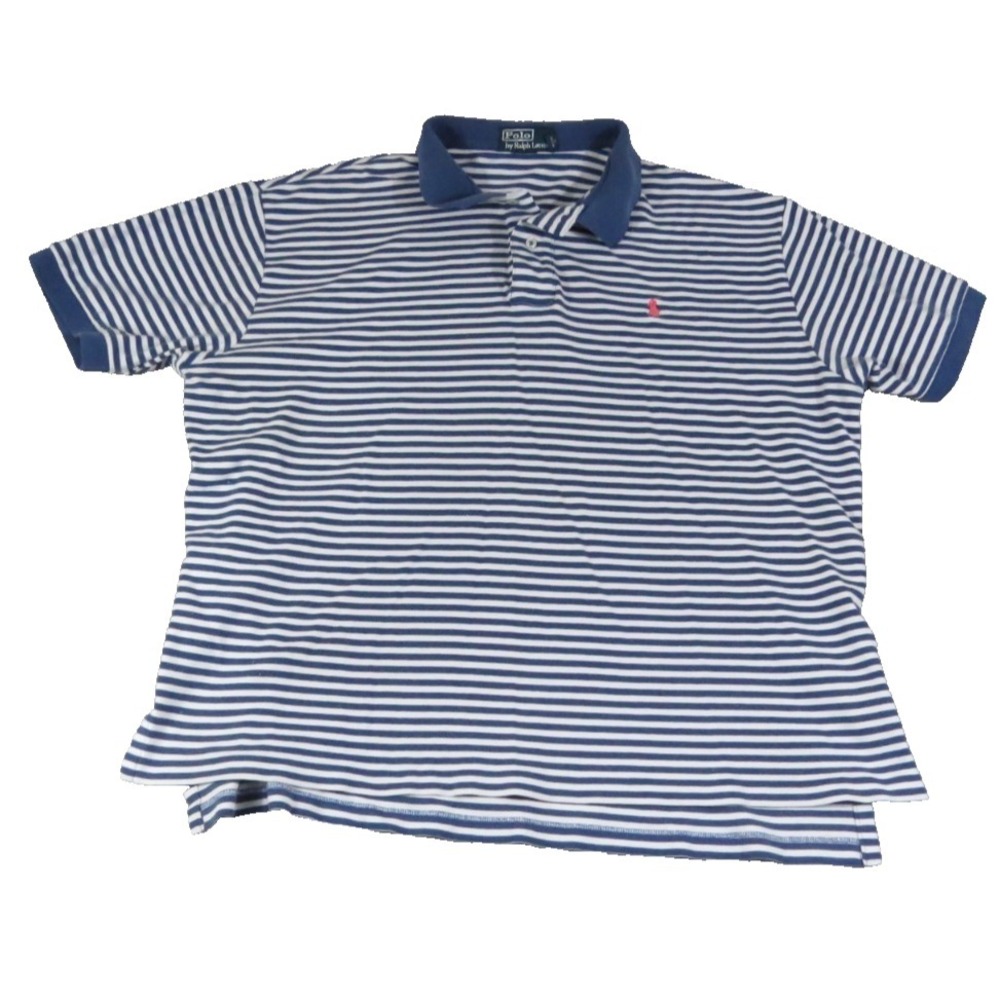 Polo Ralph Lauren Men's XL Blue White Striped Pink Pony Polo Shirt Short Sleeve!
